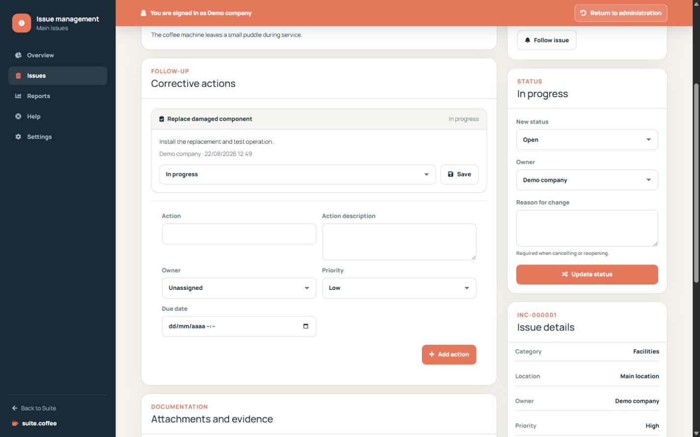 Issue detail showing corrective actions, attachments, evidence and related records.