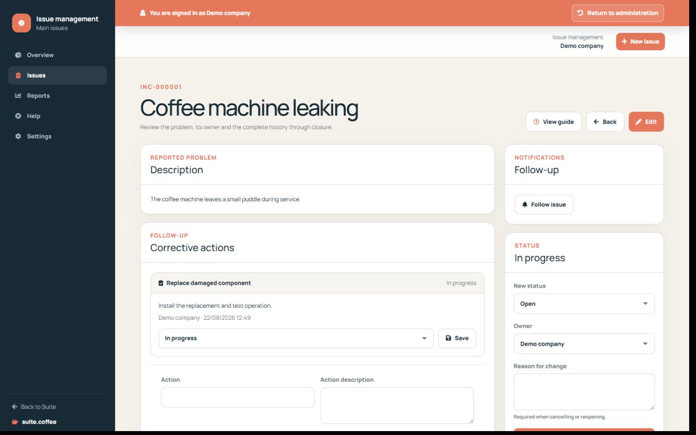 Issue detail with status transition, owner, problem description and audit history.