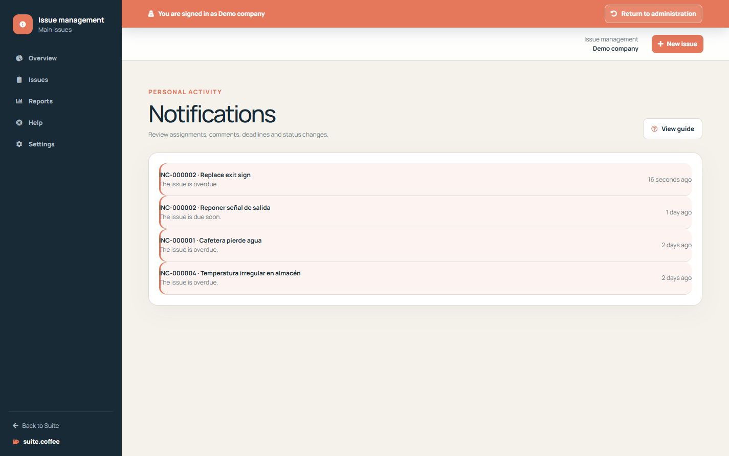Issue personal notification inbox with type, issue, message and read state.