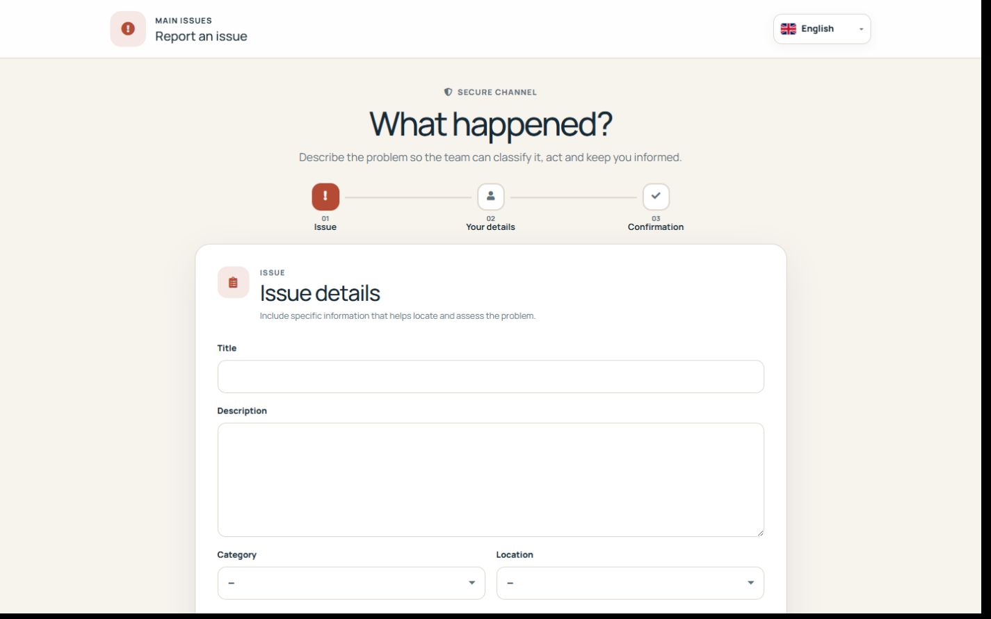 Public Issue reporting form with category, location, problem details and reporter contact.