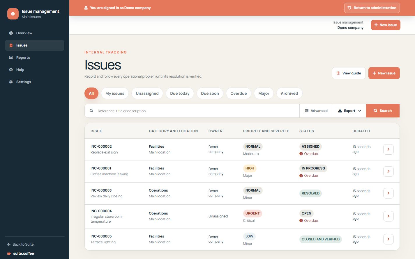 Issue queue with quick views, filters, priority, severity, owner and status.