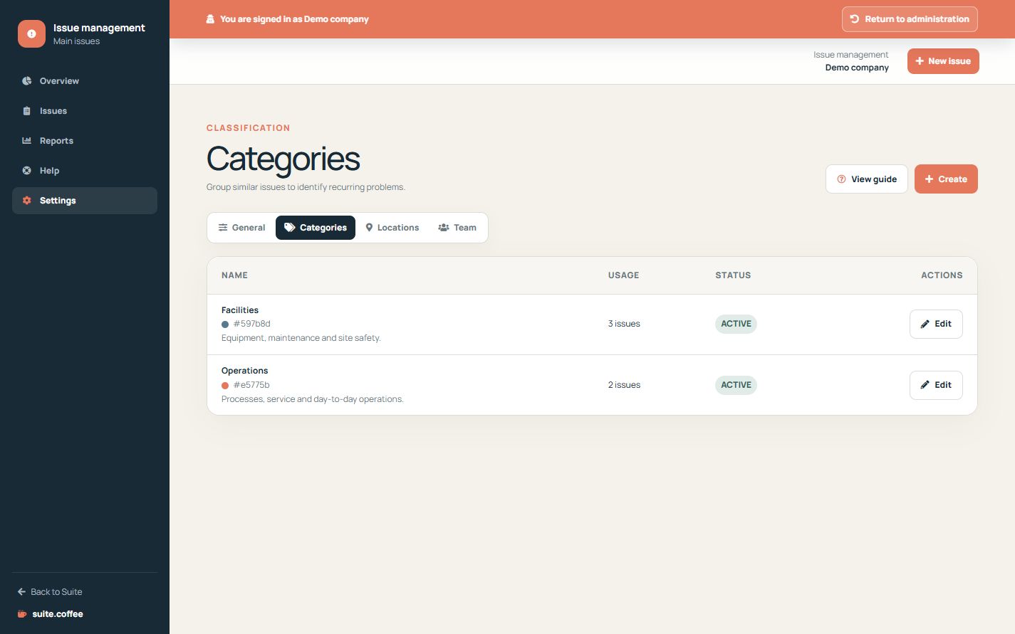 Issue category and location management with usage and active status.