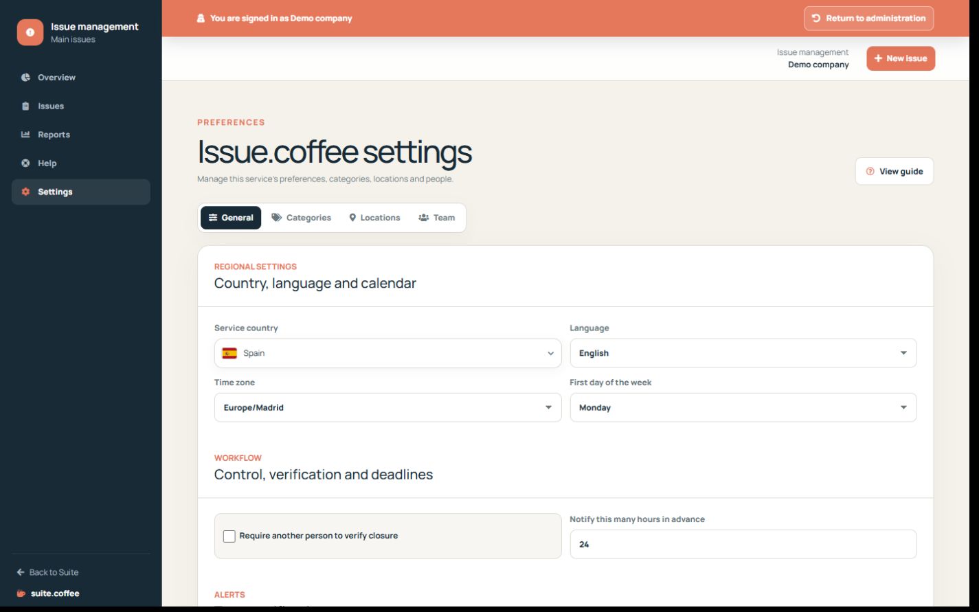 Issue settings with regional context, workflow, notifications and public reporting options.