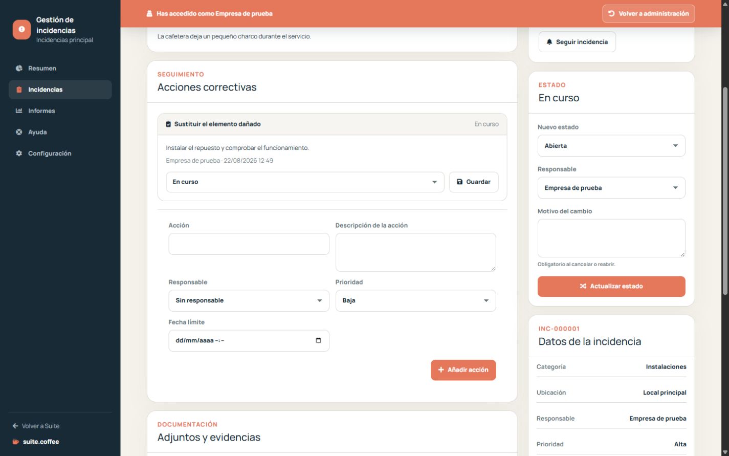 Detalle de Issue con acciones correctivas, adjuntos, evidencias y relaciones.