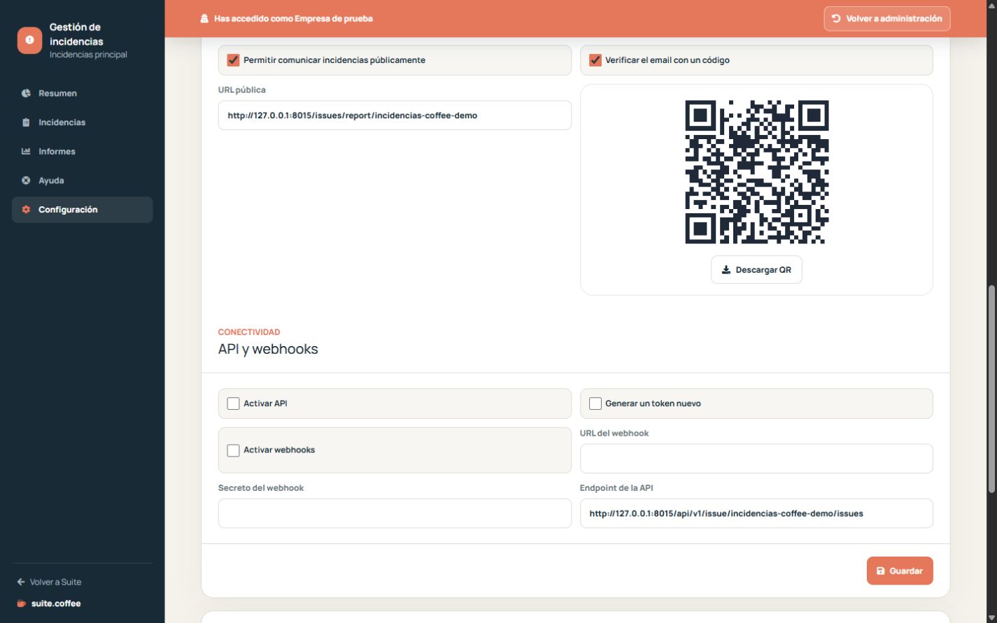 Conectividad de Issue con token API, endpoint y campos de webhook firmado.
