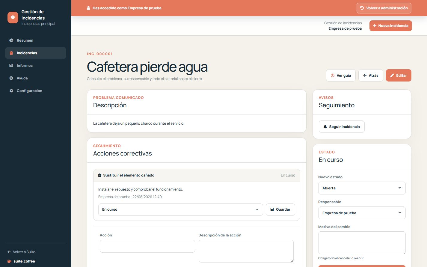Detalle de Issue con transición, responsable, problema e historial.