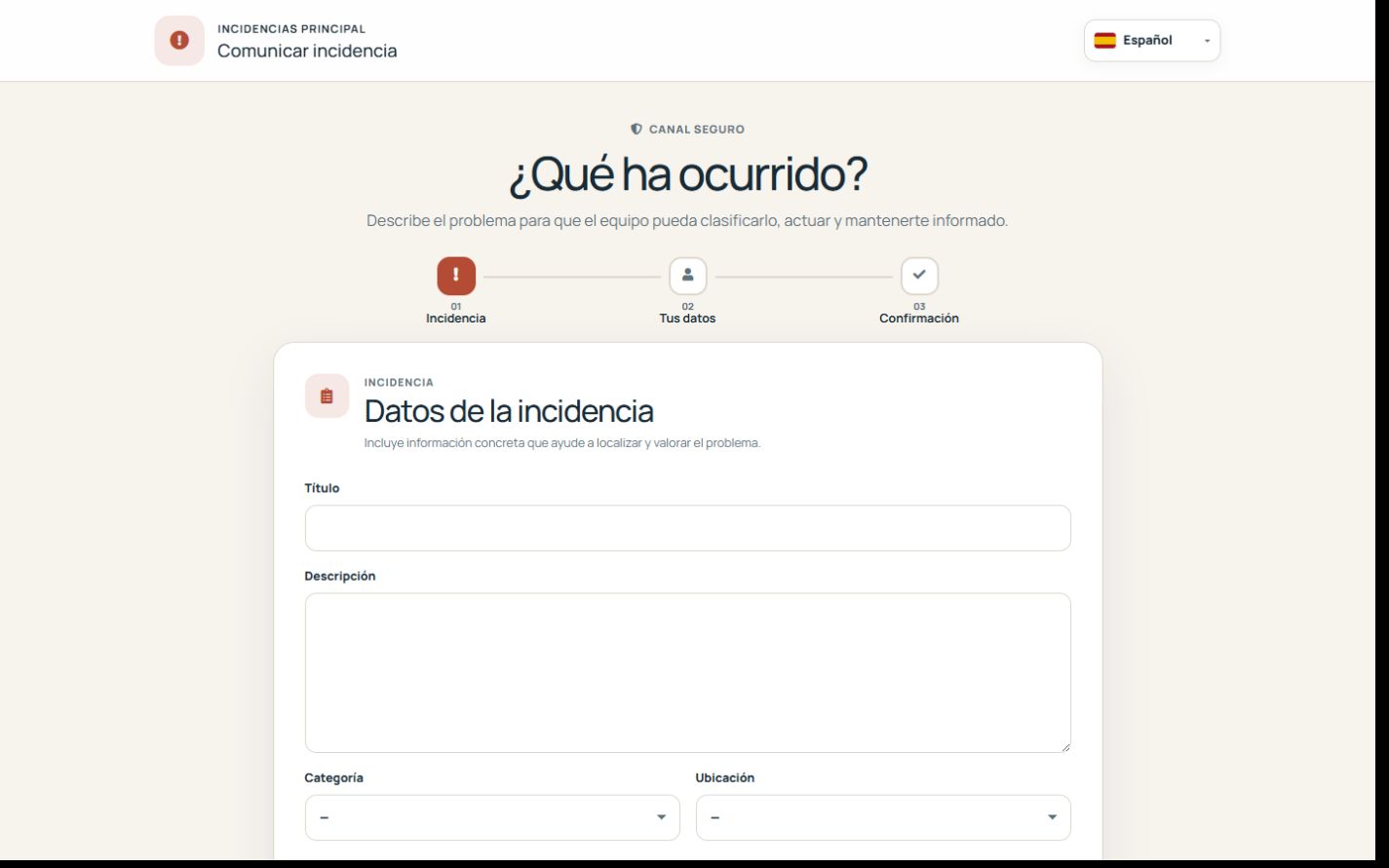 Formulario público de Issue con categoría, ubicación, problema y contacto.
