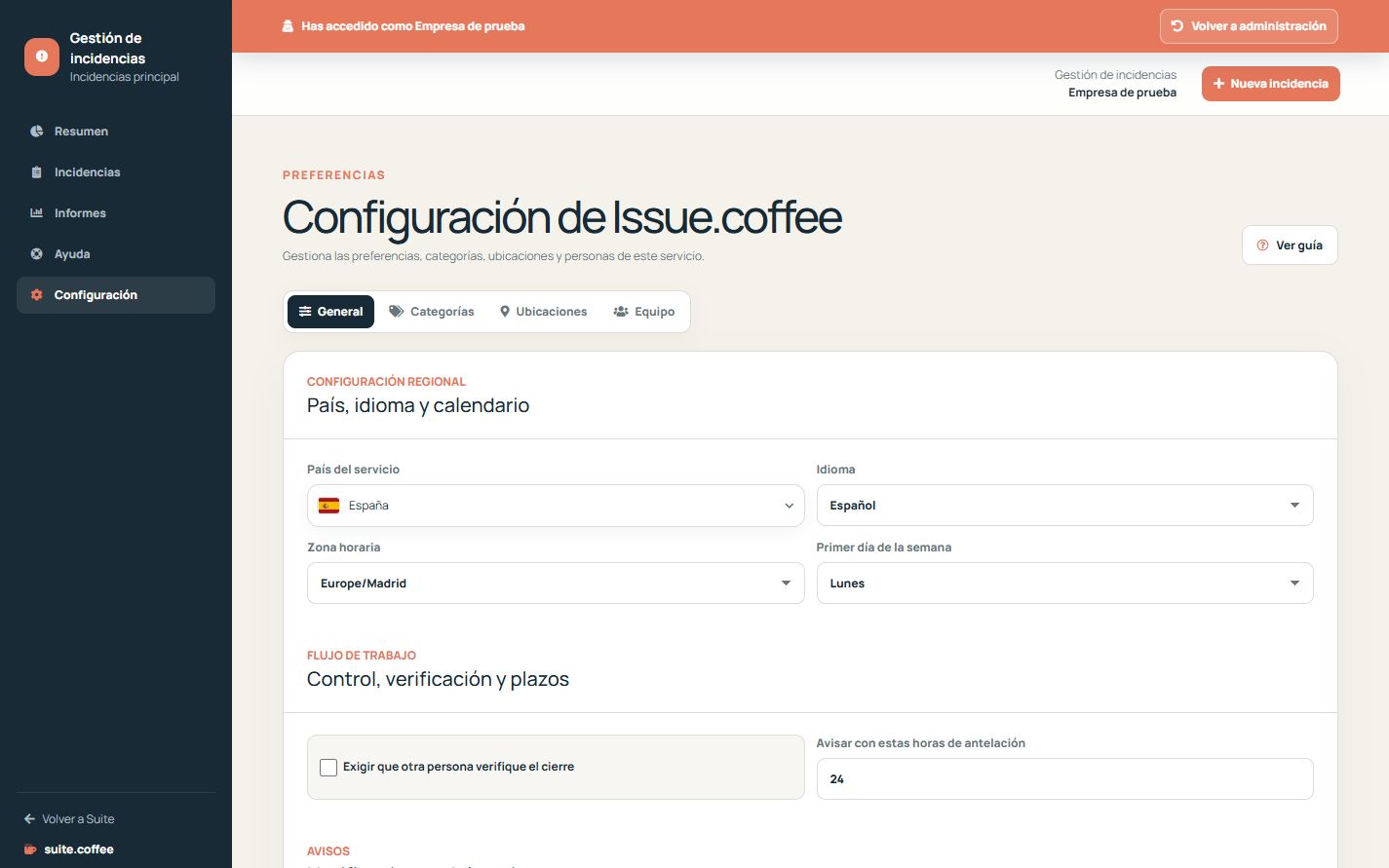 Configuración de Issue con contexto regional, flujo, avisos y alta pública.