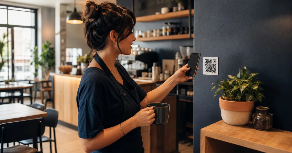 Membro da equipa a ler um QR code para comunicar um problema nas instalações numa pequena empresa
